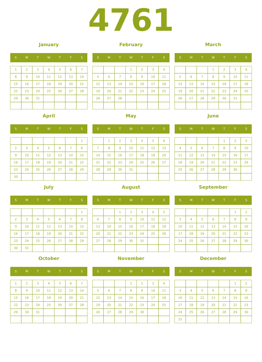 Printable 4761 Year Calendars chartreuse