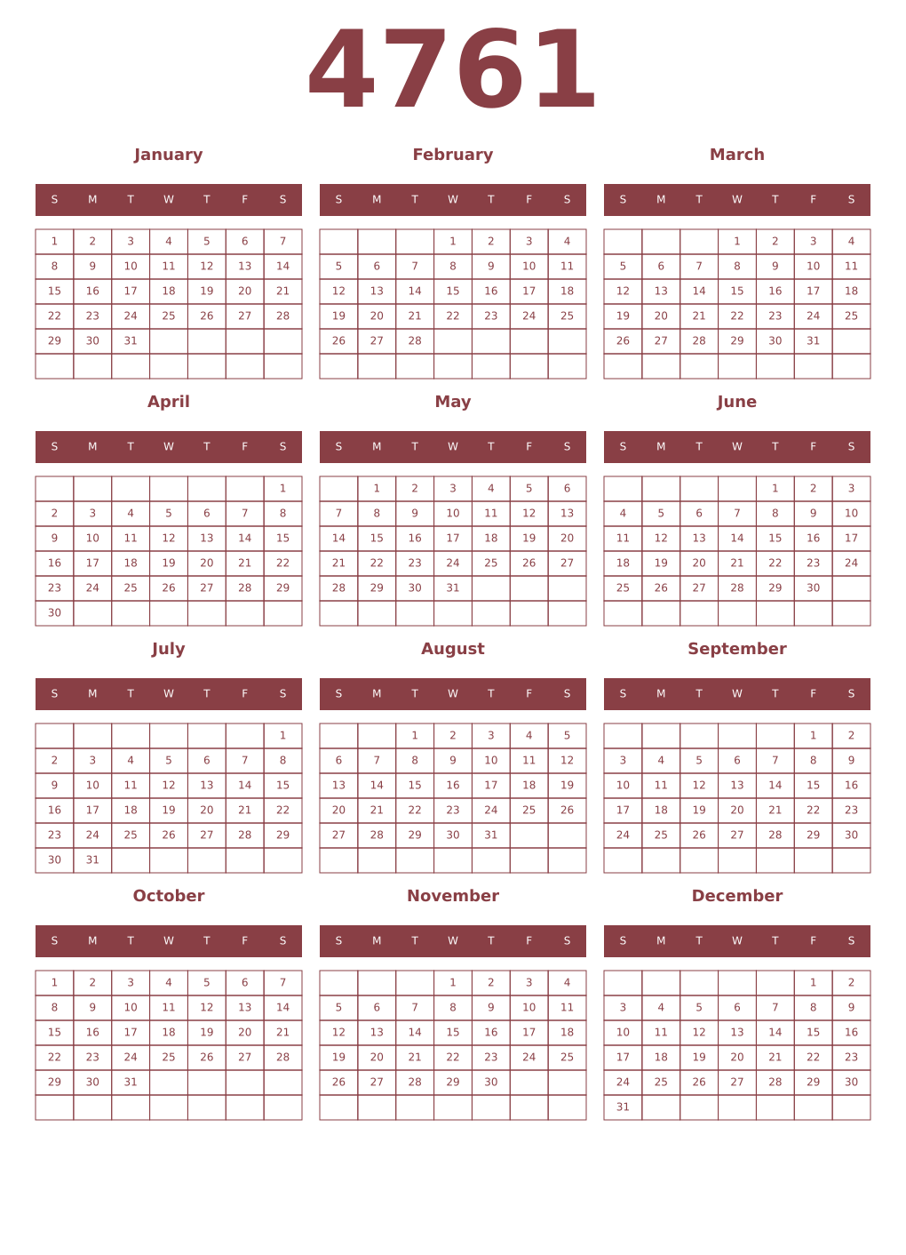 Printable 4761 Year Calendars cordovan
