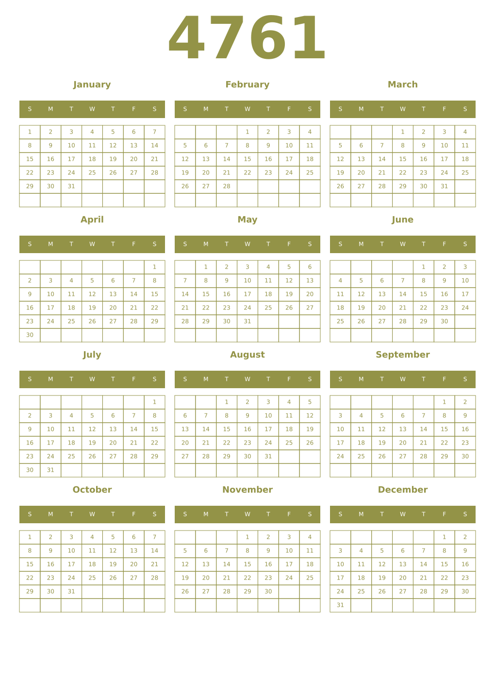 Printable 4761 Year Calendars eburnean