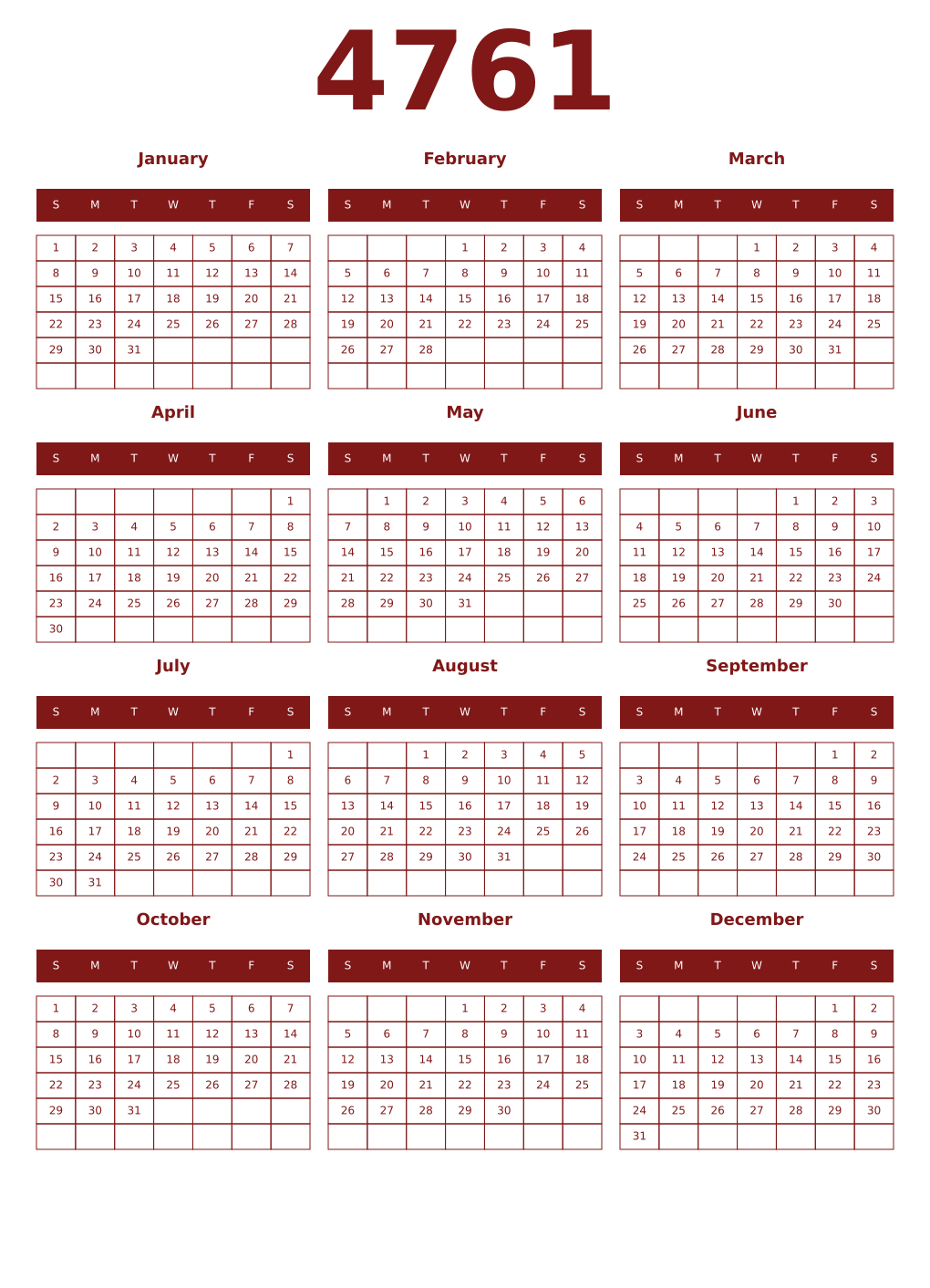 Printable 4761 Year Calendars falu