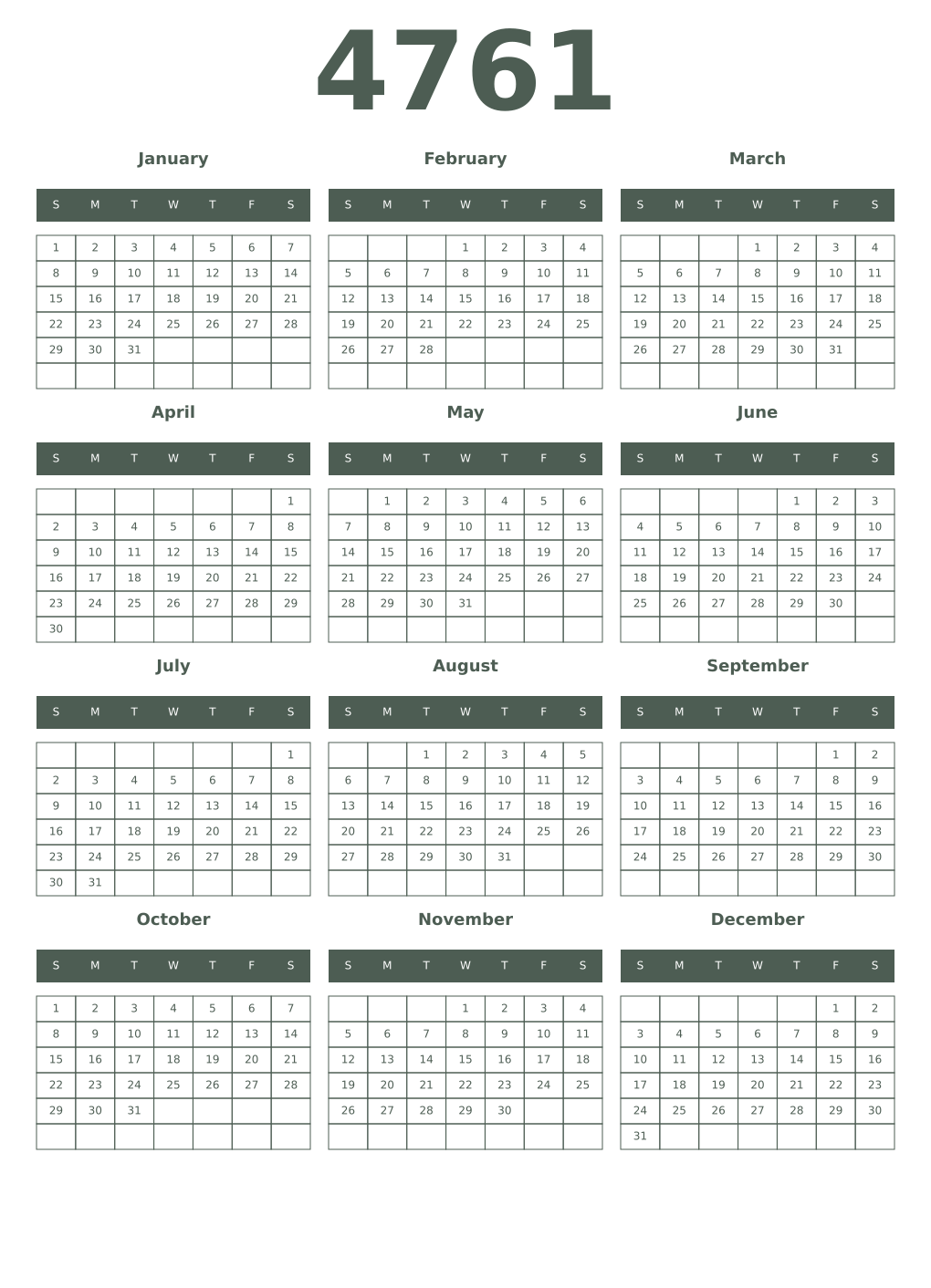 Printable 4761 Year Calendars feldgrau