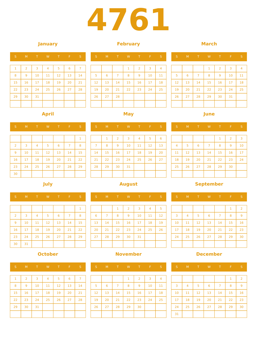 Printable 4761 Year Calendars gamboge