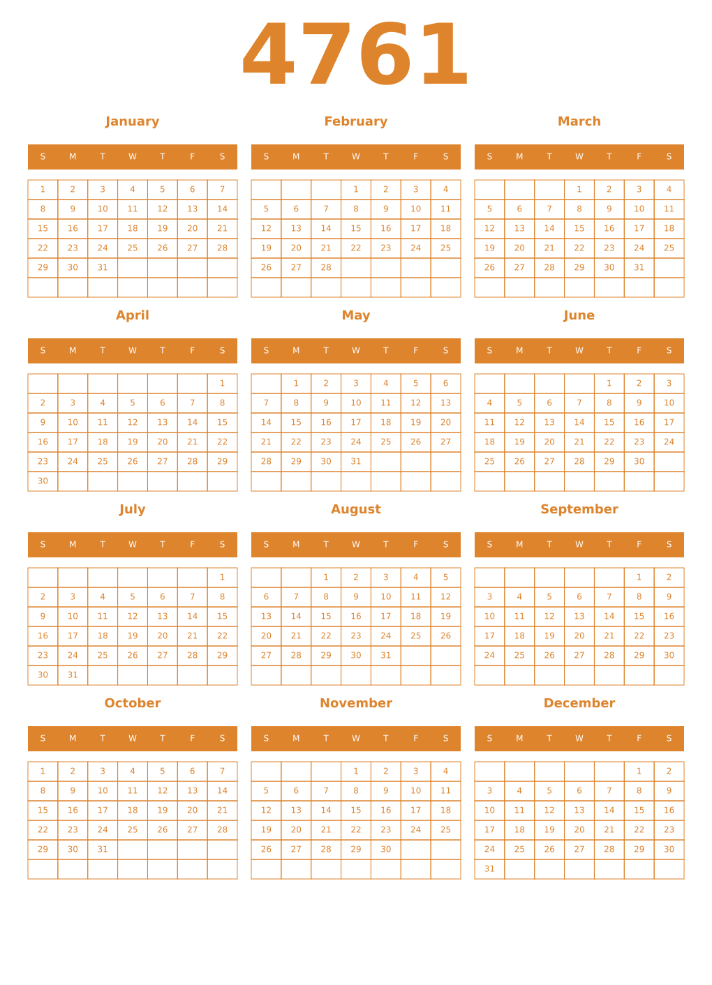 Printable 4761 Year Calendars orange