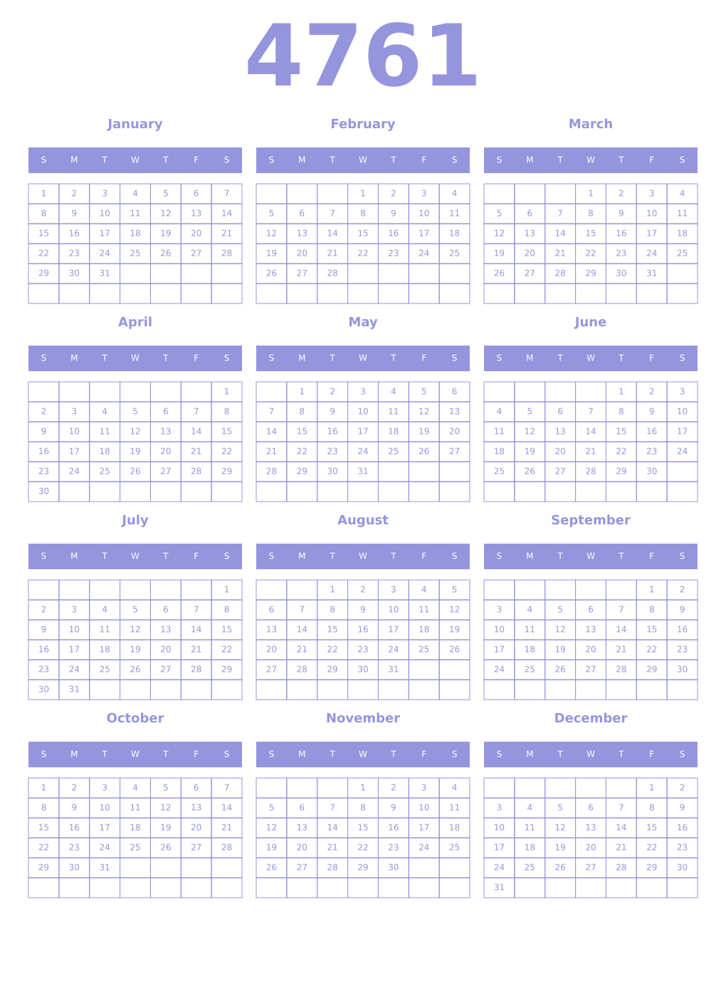 Printable 4761 Year Calendars periwinkle