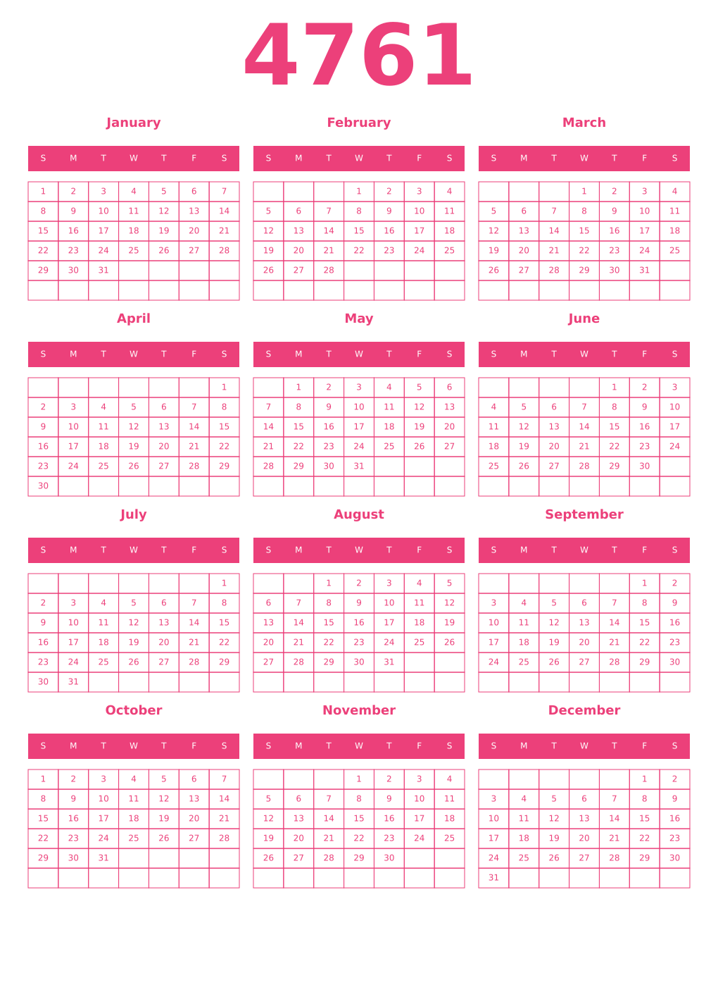 Printable 4761 Year Calendars pink