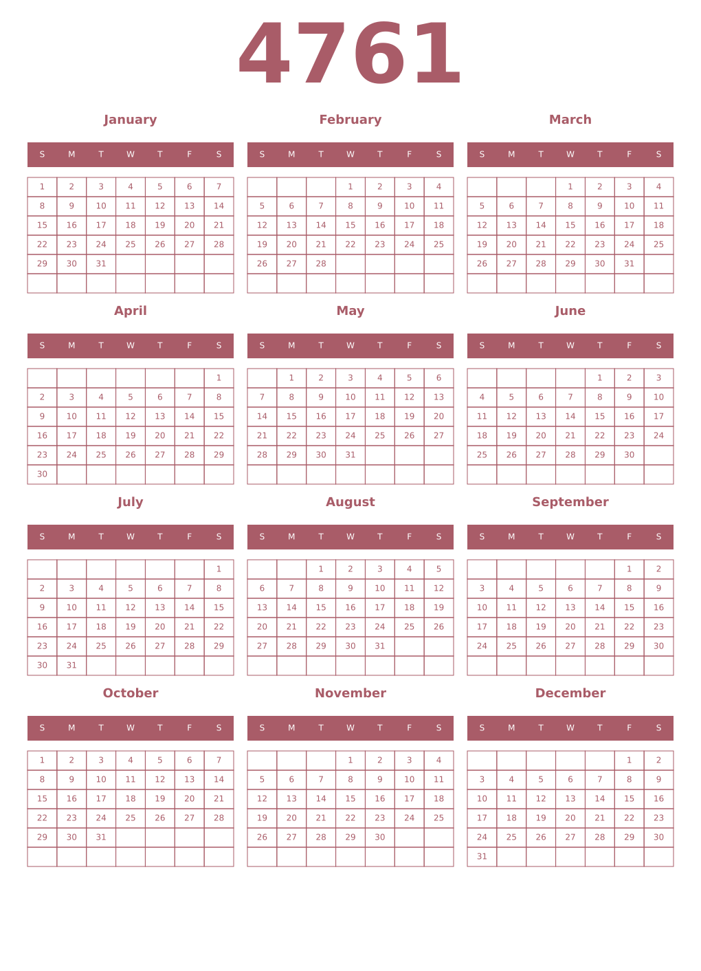 Printable 4761 Year Calendars puce