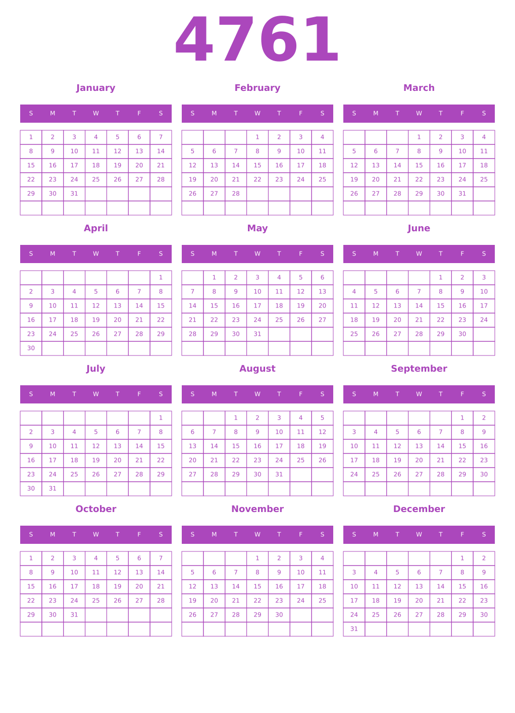 Printable 4761 Year Calendars purple