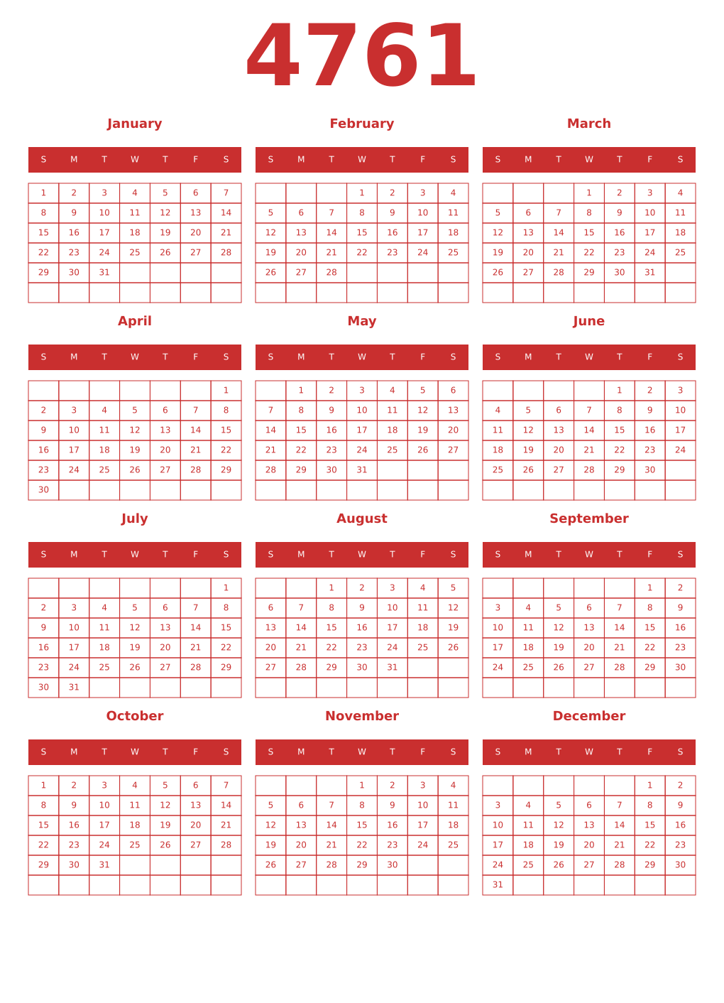 Printable 4761 Year Calendars red