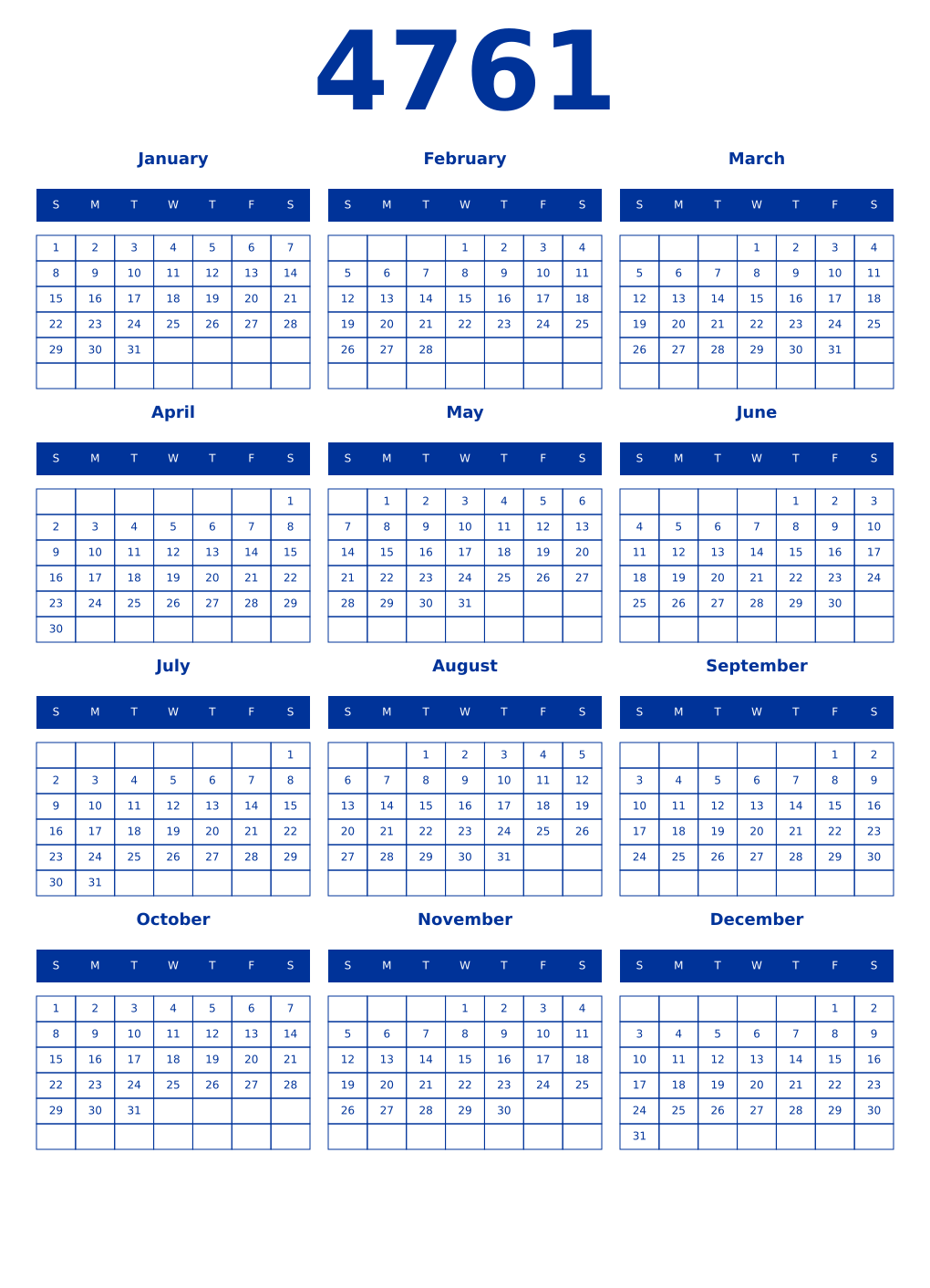 Printable 4761 Year Calendars smalt