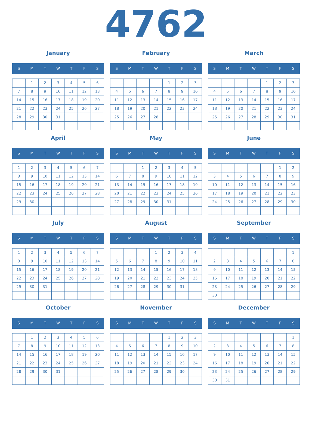 Printable 4762 Year Calendars blue