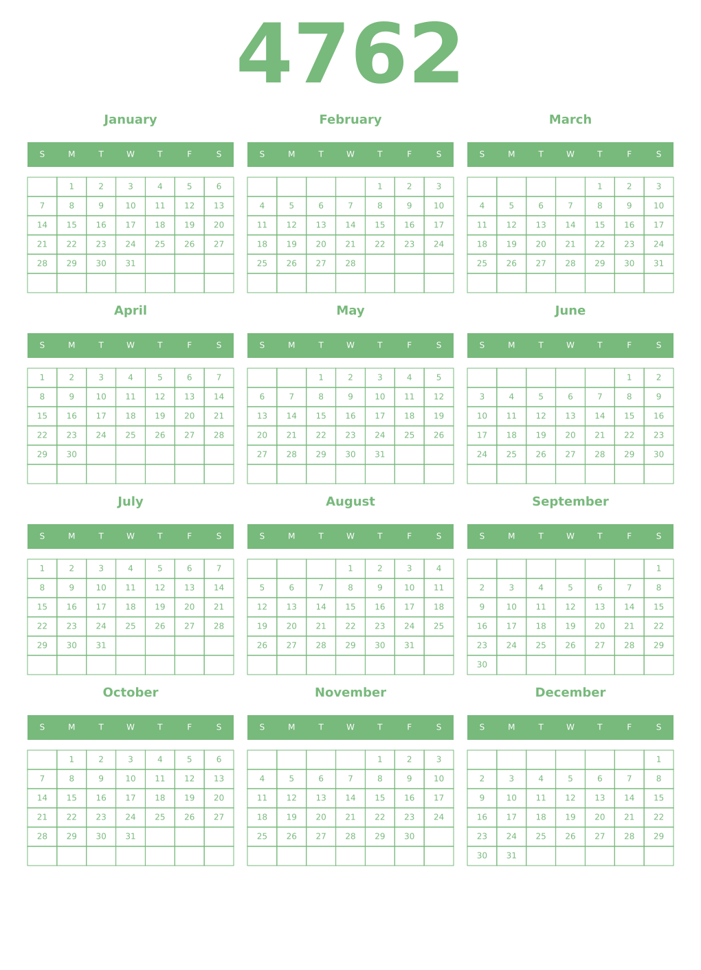 Printable 4762 Year Calendars celadon