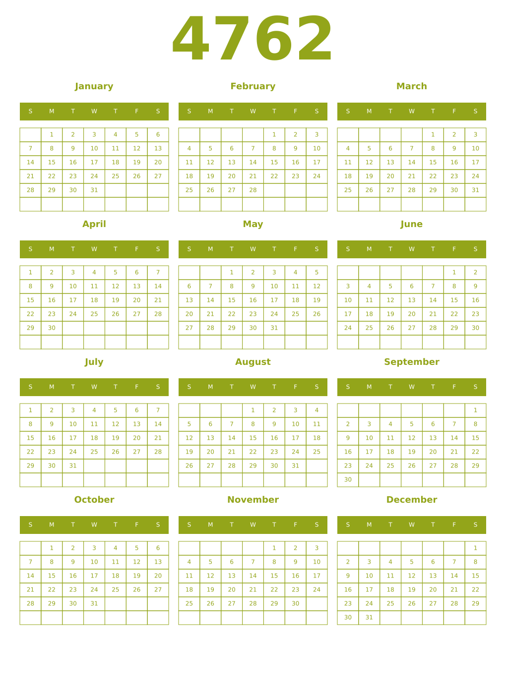 Printable 4762 Year Calendars chartreuse