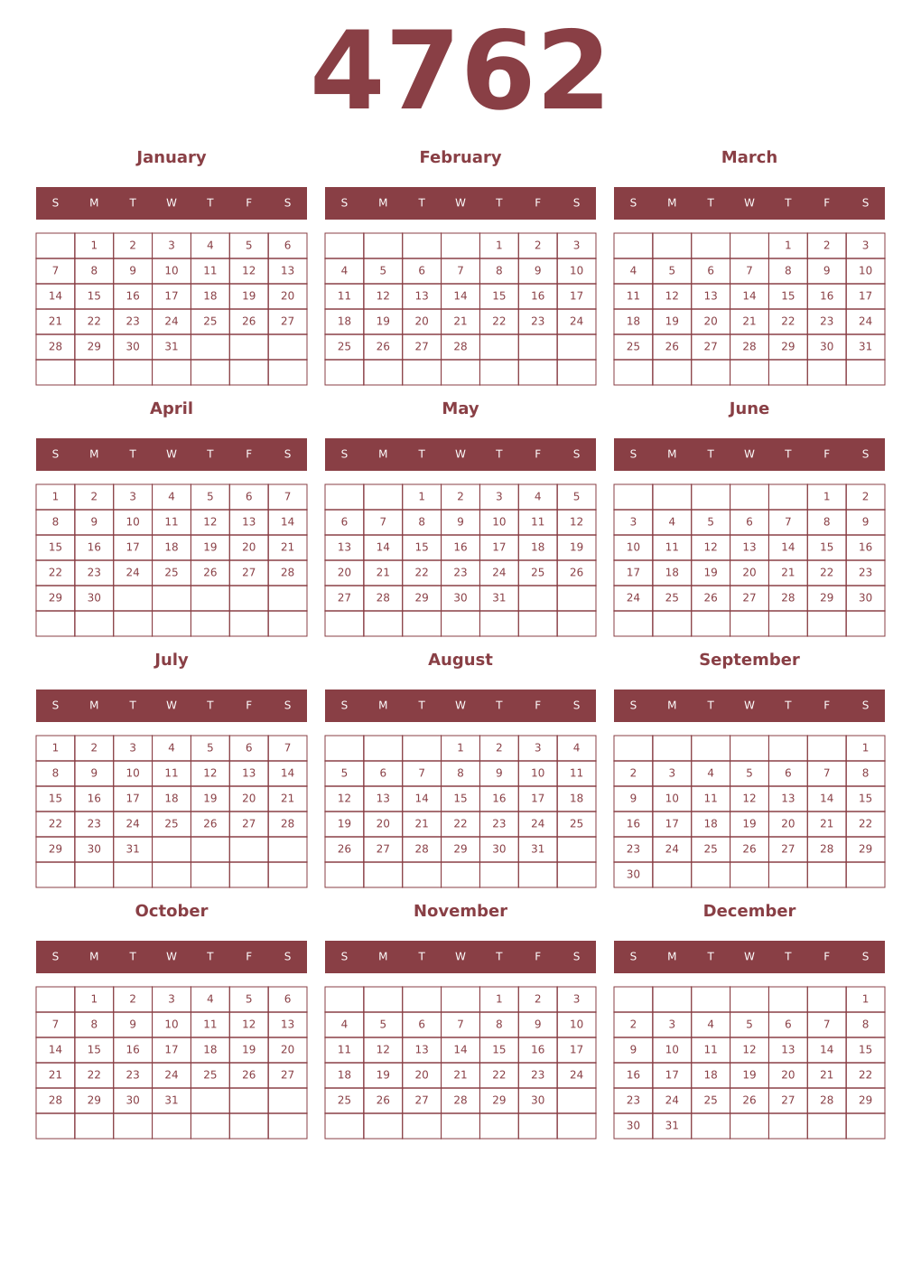 Printable 4762 Year Calendars cordovan