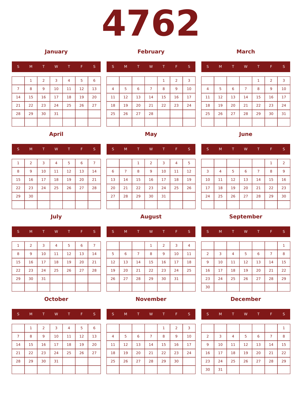 Printable 4762 Year Calendars falu