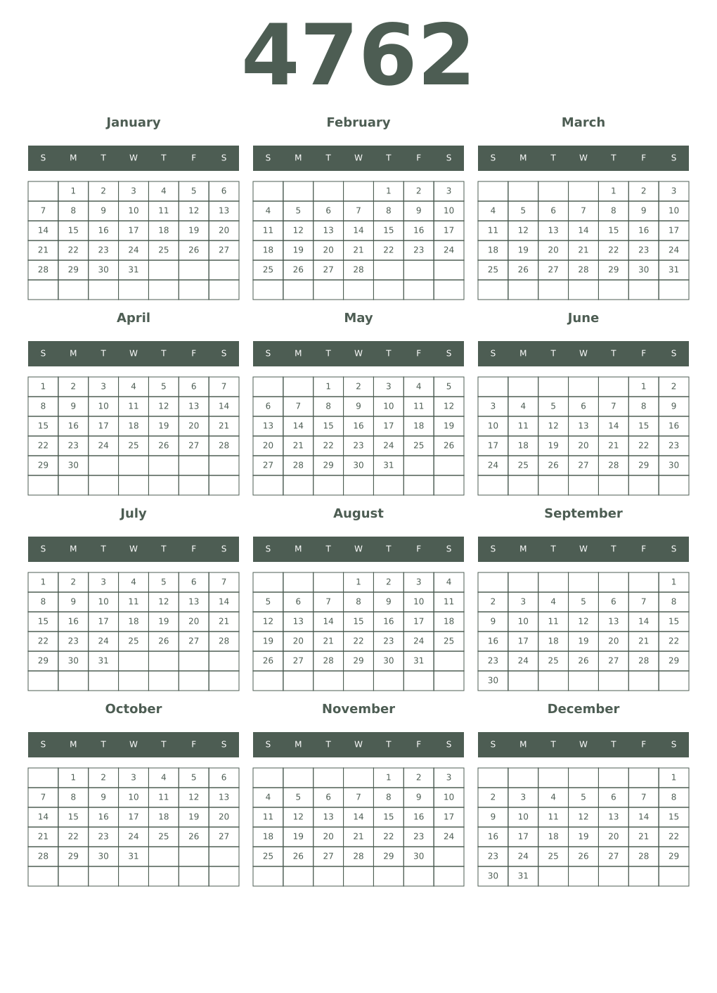 Printable 4762 Year Calendars feldgrau
