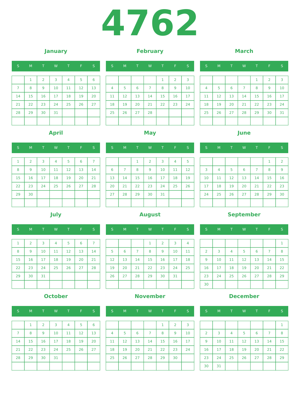 Printable 4762 Year Calendars green