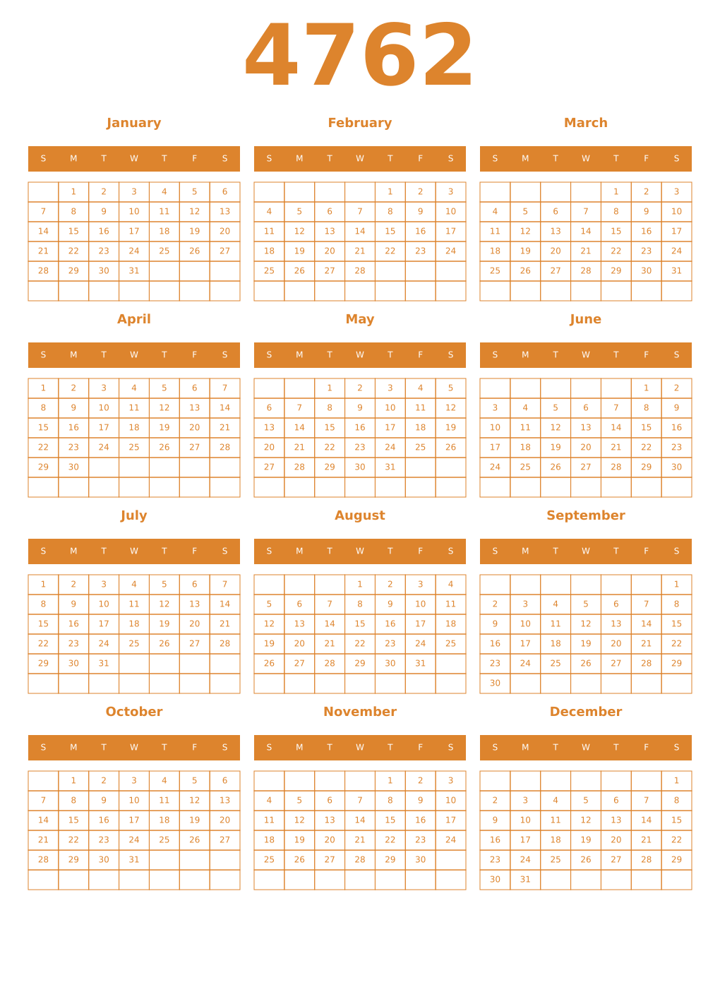 Printable 4762 Year Calendars orange