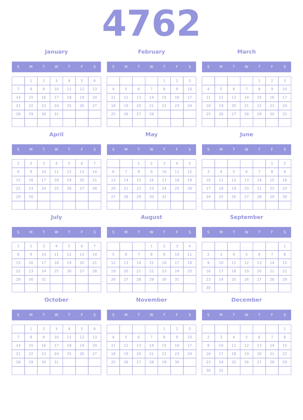 Printable 4762 Year Calendars periwinkle