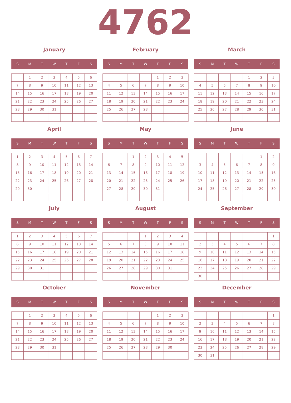 Printable 4762 Year Calendars puce