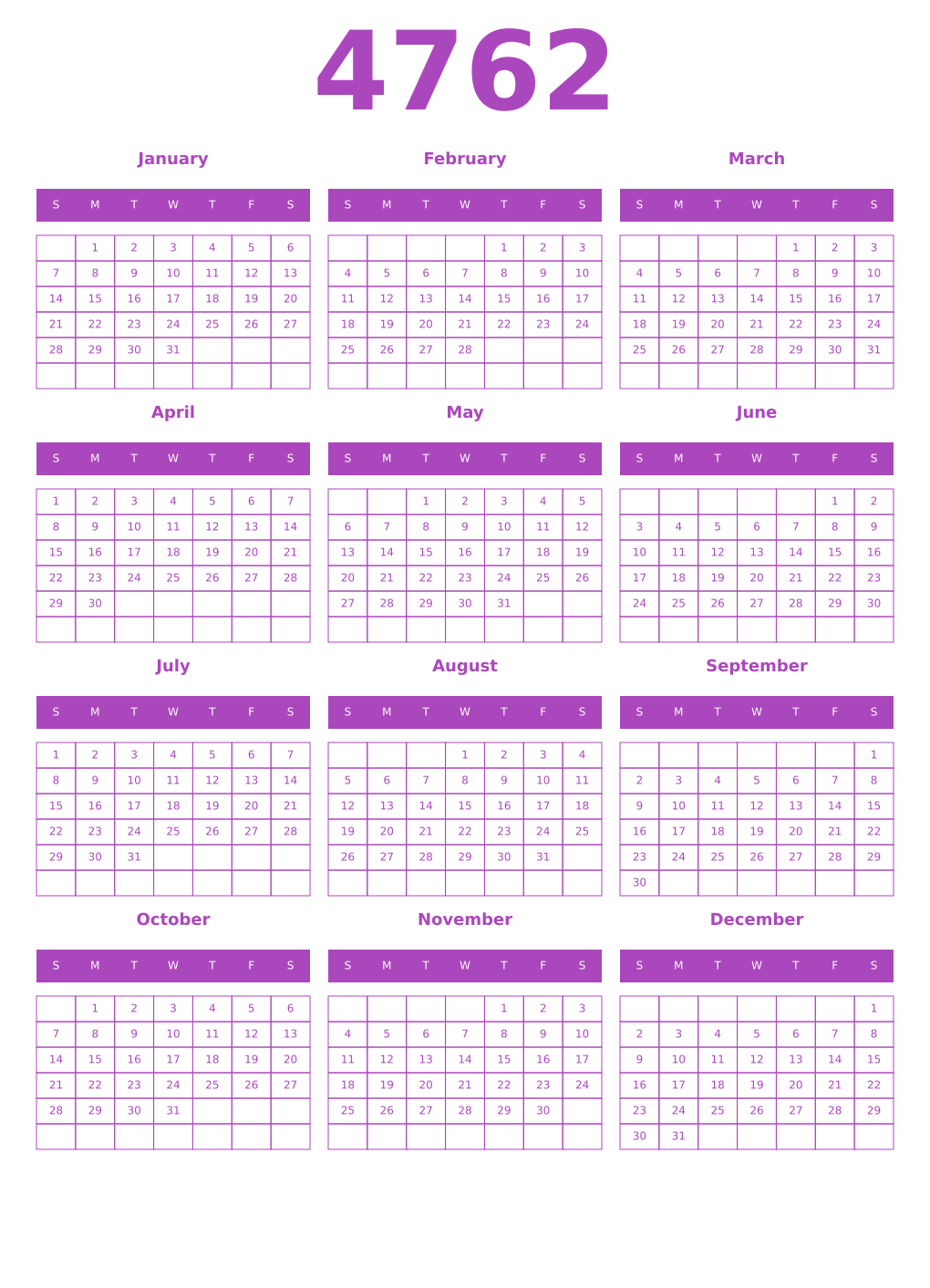 Printable 4762 Year Calendars purple
