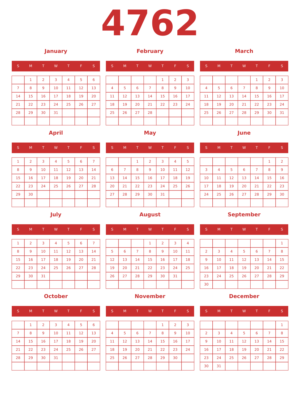 Printable 4762 Year Calendars red