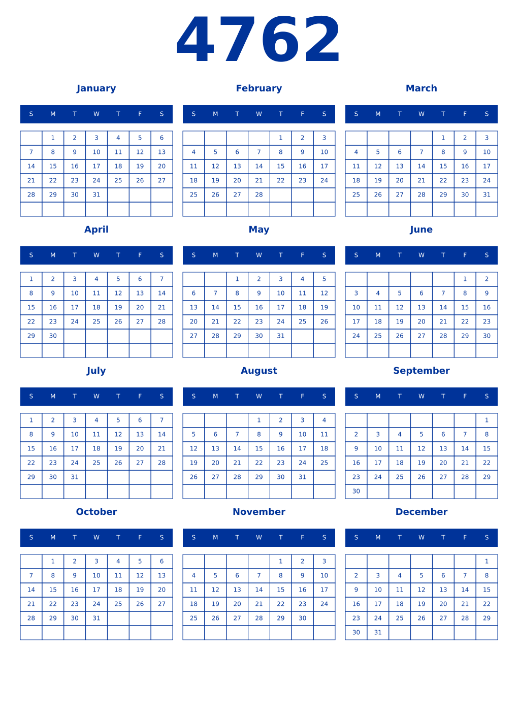 Printable 4762 Year Calendars smalt