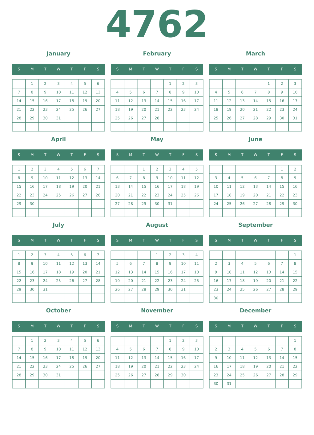 Printable 4762 Year Calendars viridian