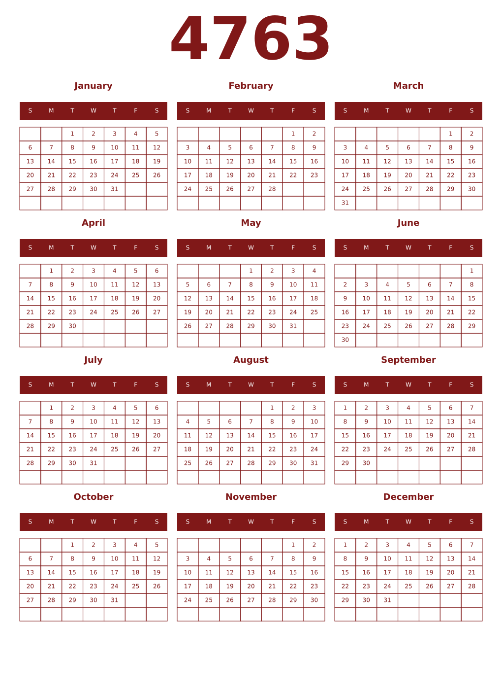 Printable 4763 Year Calendars falu
