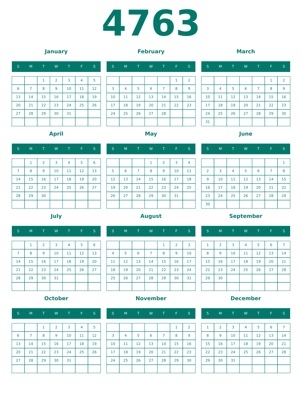 Printable 4763 Year Calendars pastel