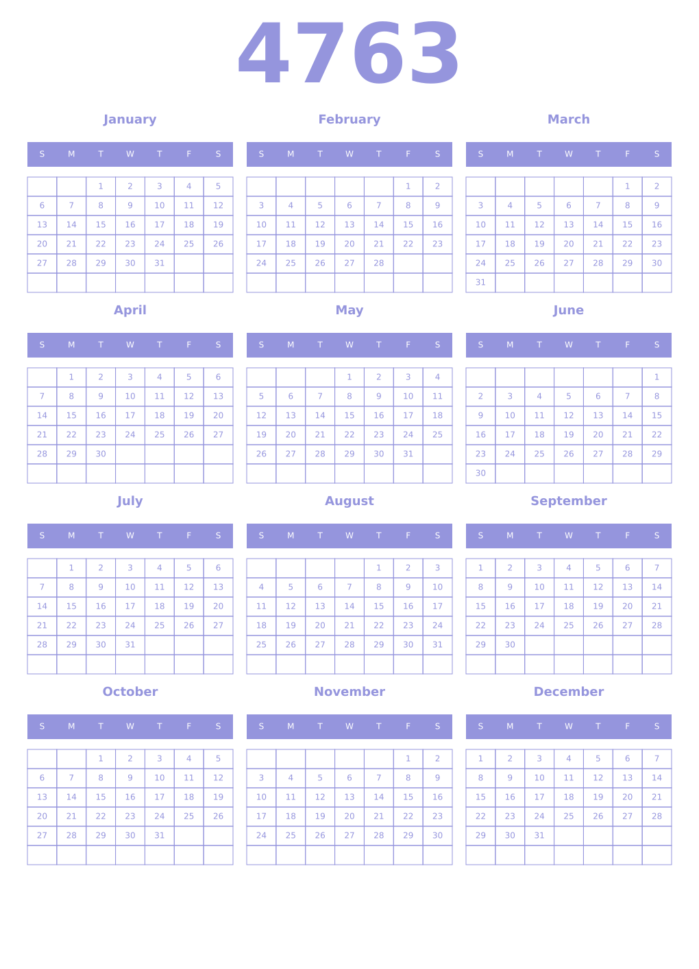 Printable 4763 Year Calendars periwinkle