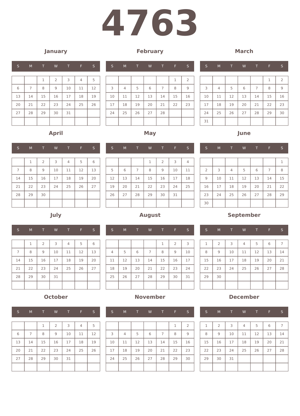 Printable 4763 Year Calendars wenge