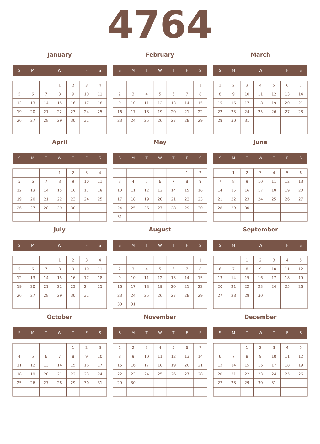 Printable 4764 Year Calendars coffe