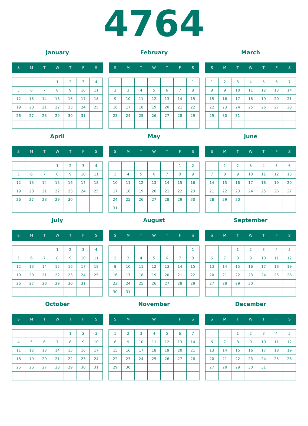 Printable 4764 Year Calendars pastel