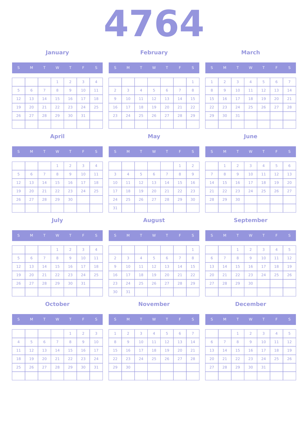 Printable 4764 Year Calendars periwinkle