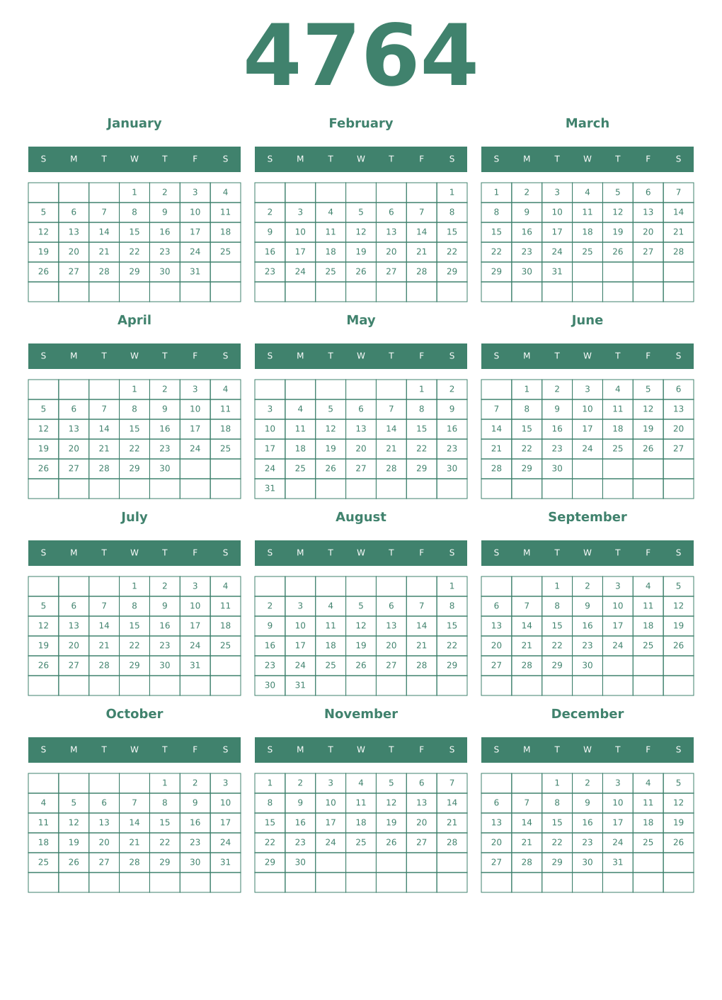Printable 4764 Year Calendars viridian