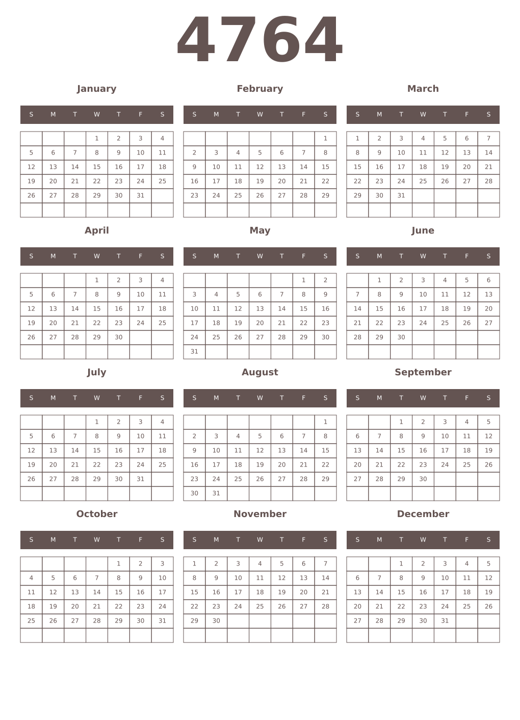 Printable 4764 Year Calendars wenge