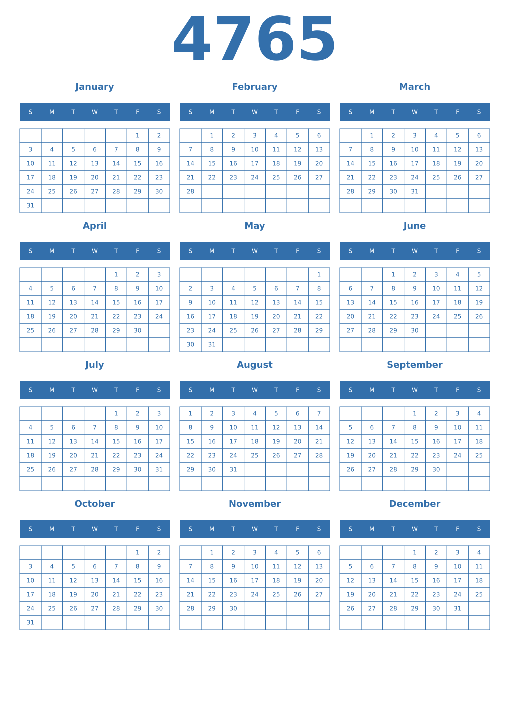 Printable 4765 Year Calendars blue
