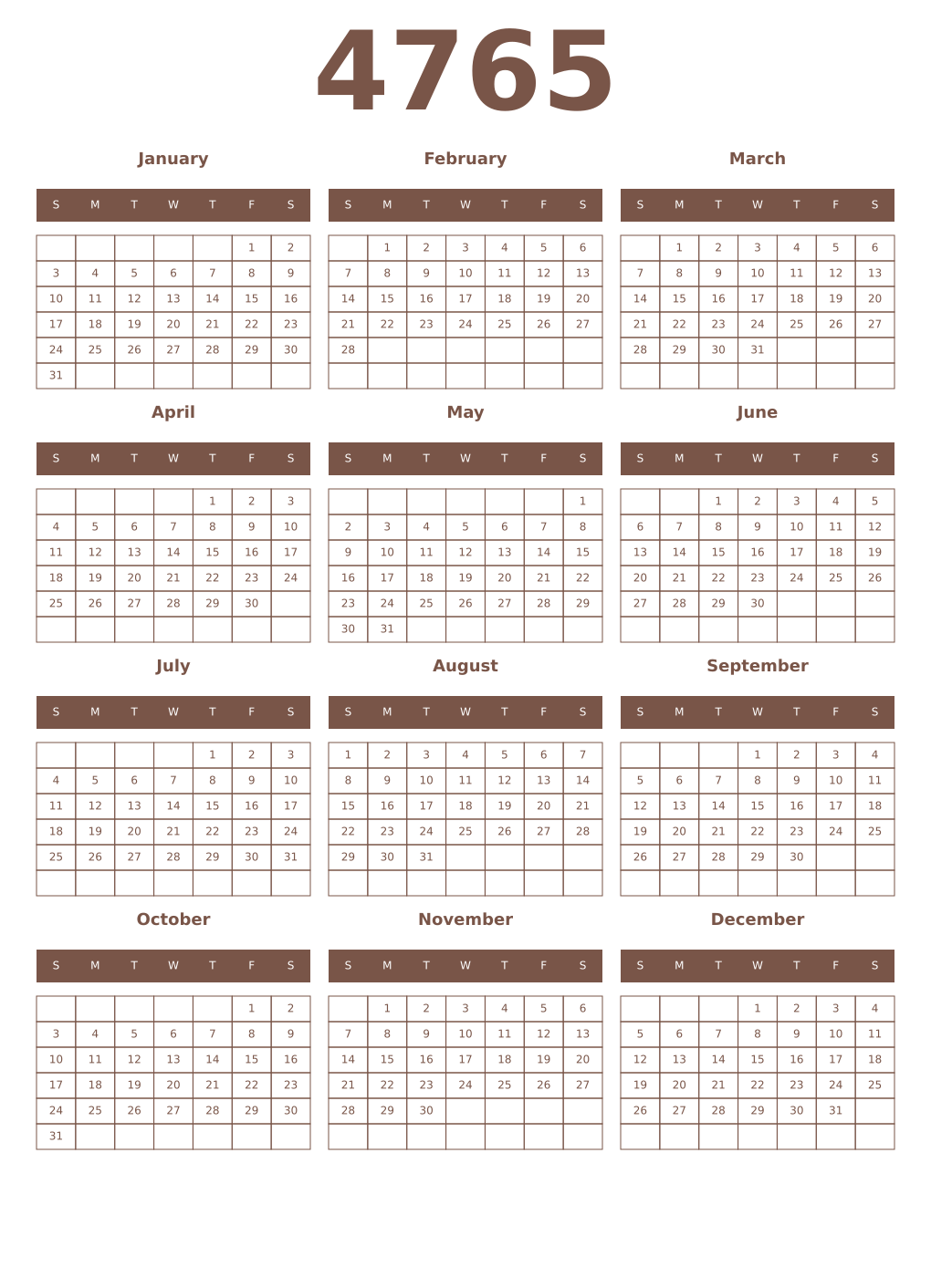 Printable 4765 Year Calendars coffe
