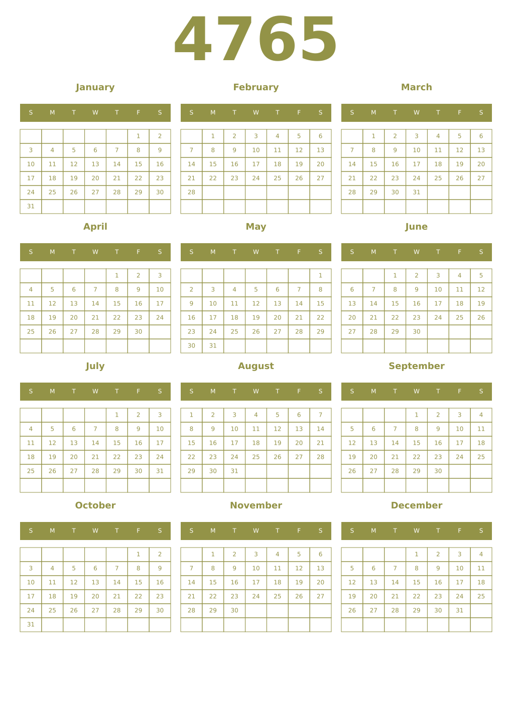 Printable 4765 Year Calendars eburnean