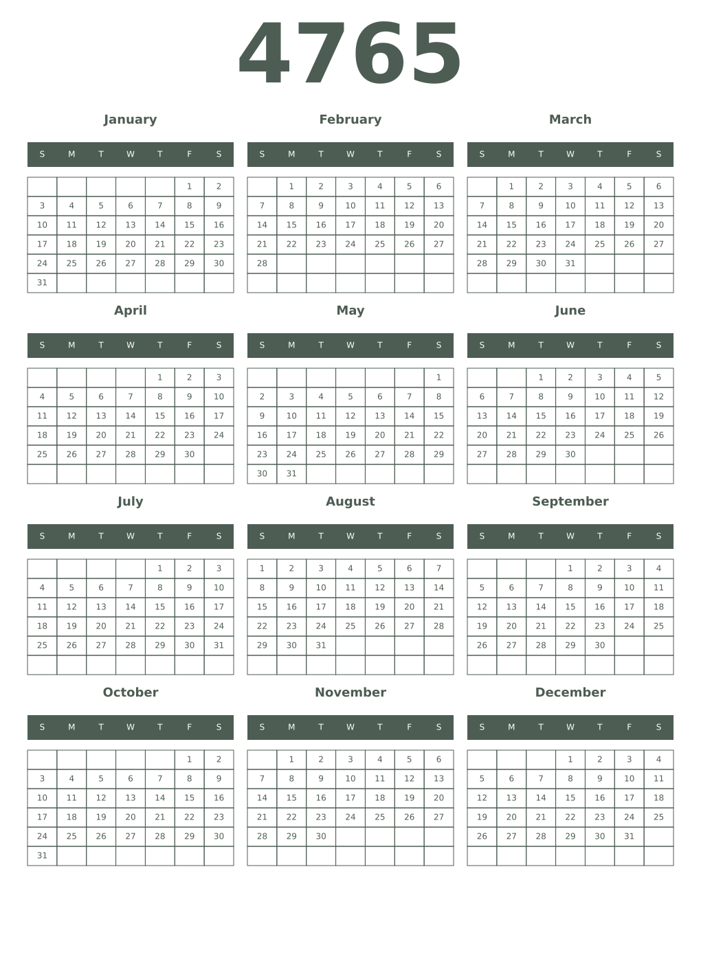 Printable 4765 Year Calendars feldgrau