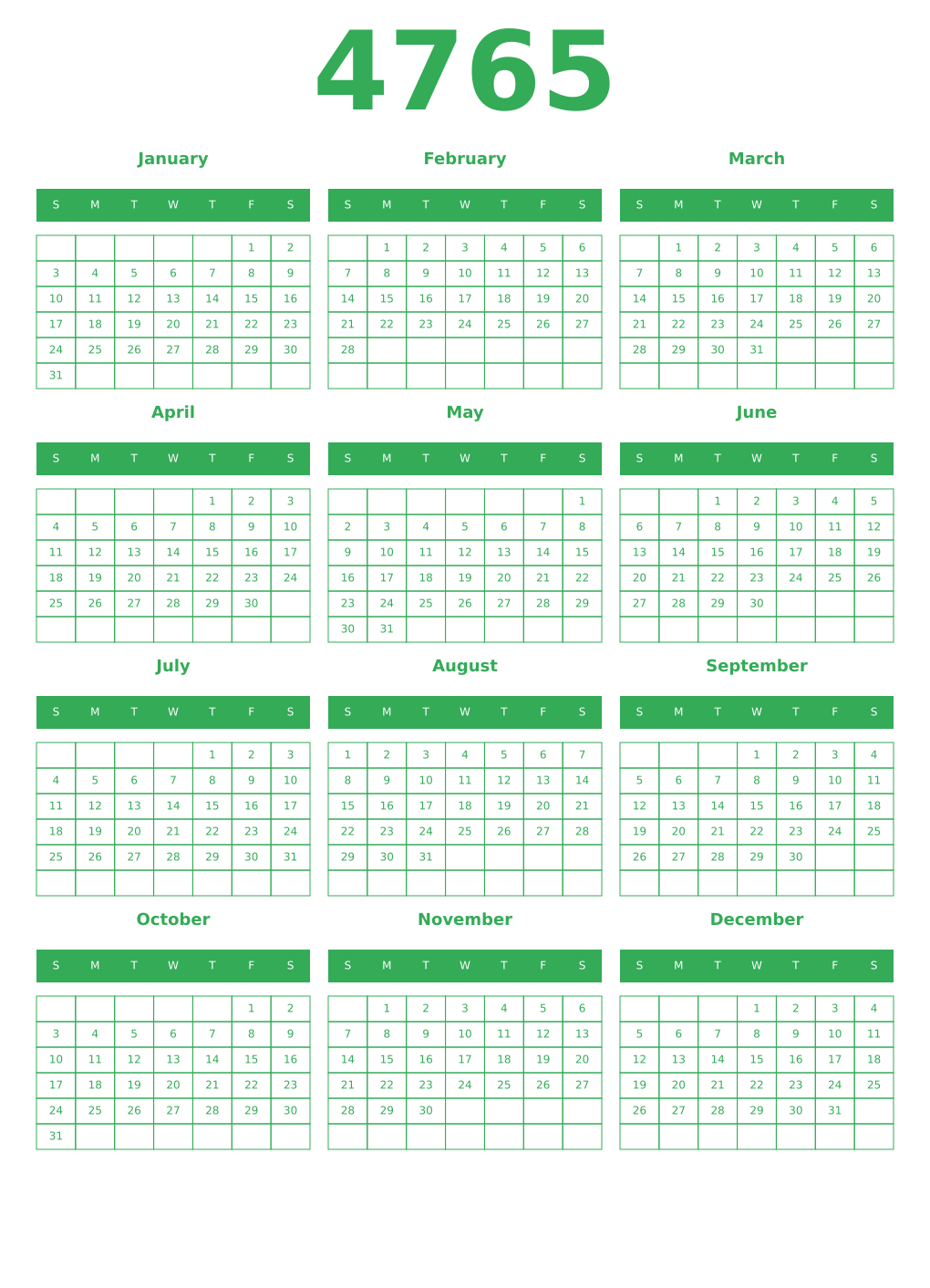 Printable 4765 Year Calendars green
