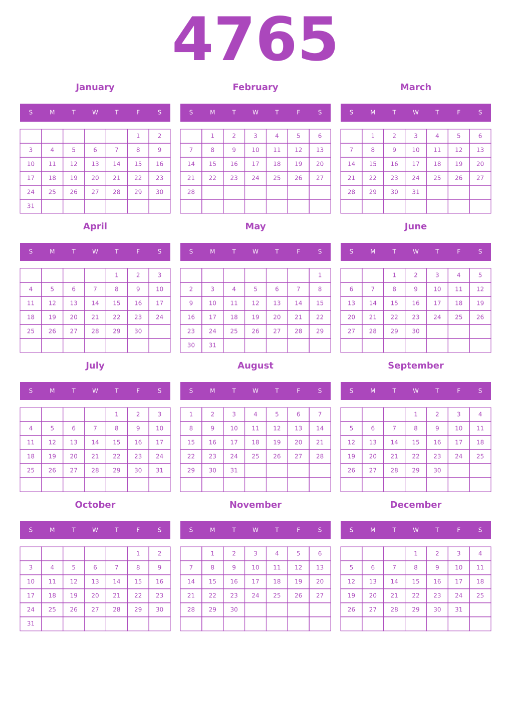 Printable 4765 Year Calendars purple