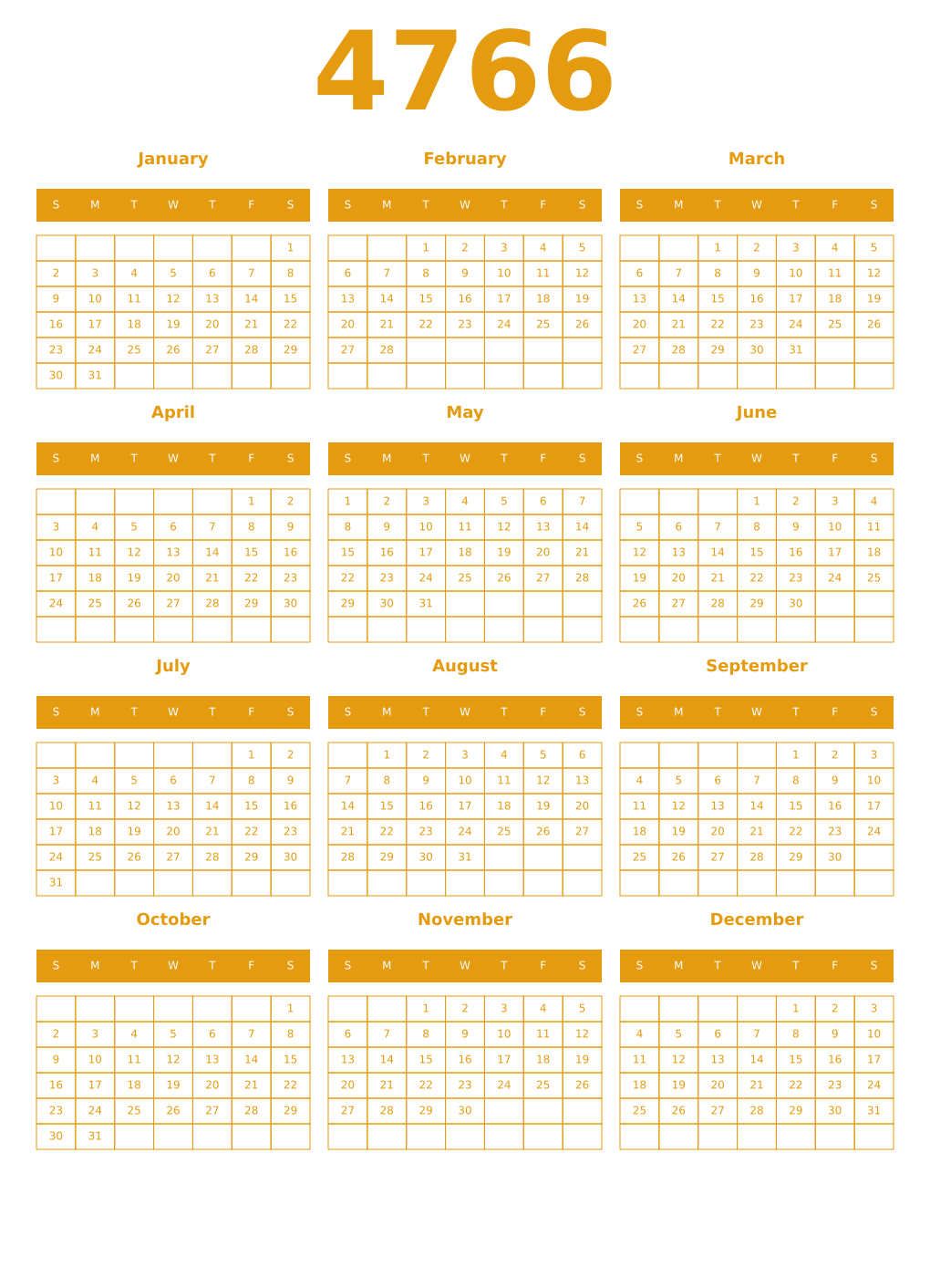 Printable 4766 Year Calendars gamboge
