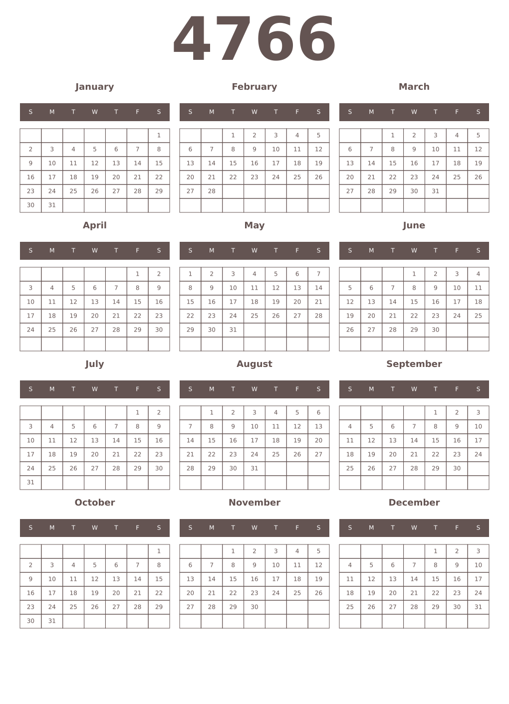 Printable 4766 Year Calendars wenge