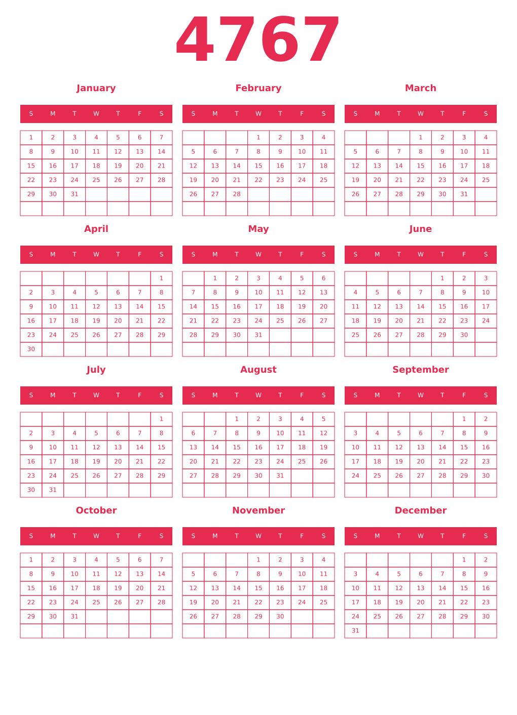 Printable 4767 Year Calendars amaranth