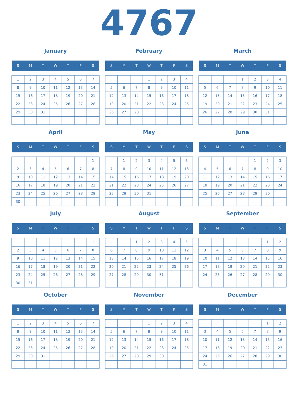 Printable 4767 Year Calendars blue