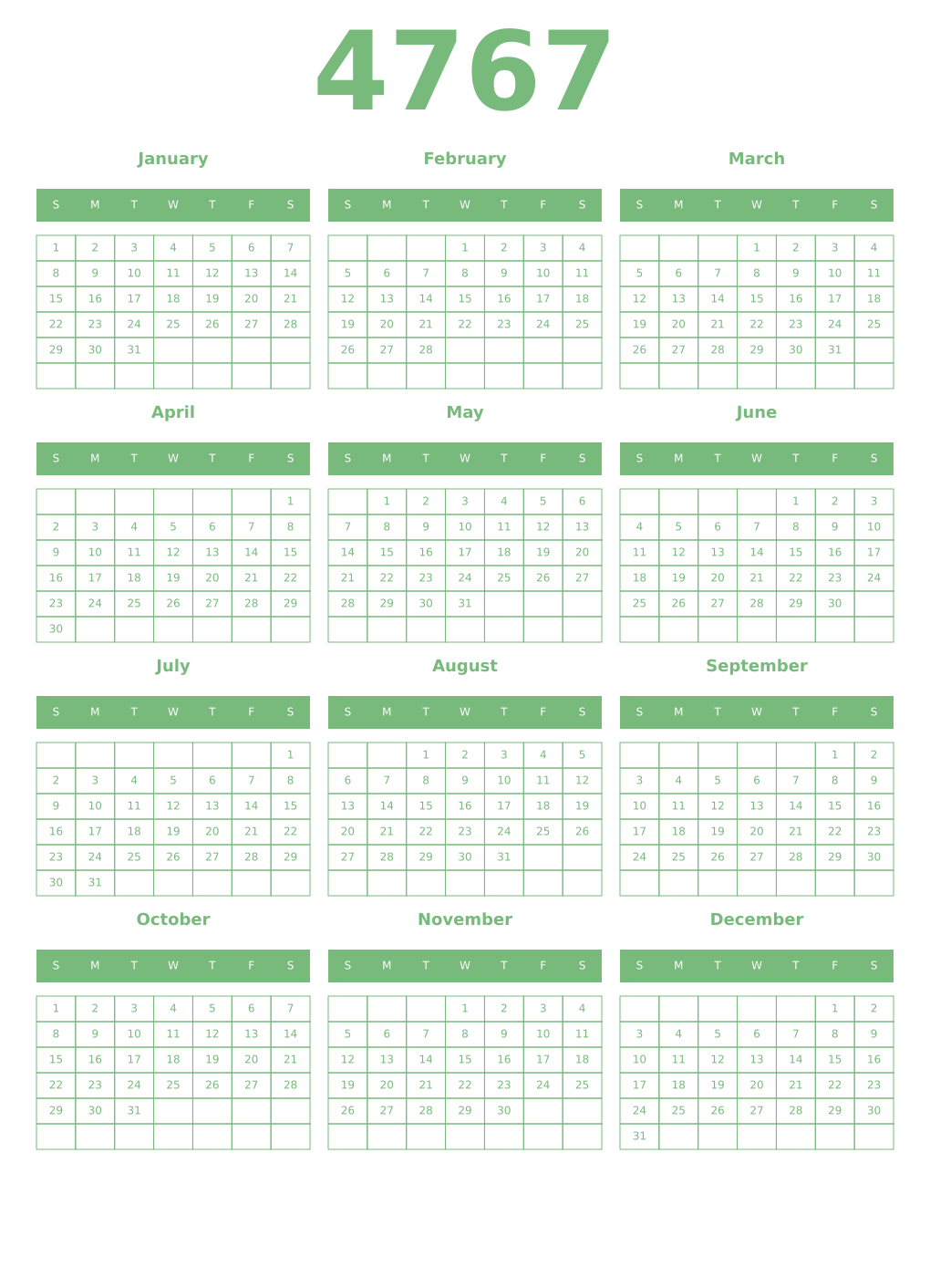 Printable 4767 Year Calendars celadon