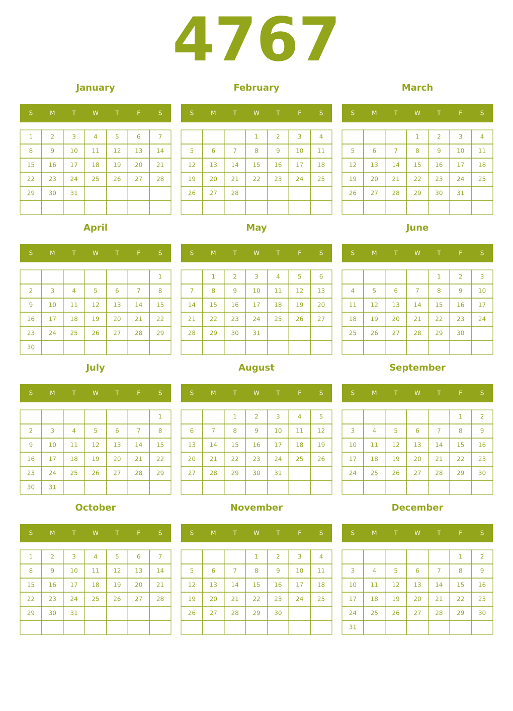 Printable 4767 Year Calendars chartreuse
