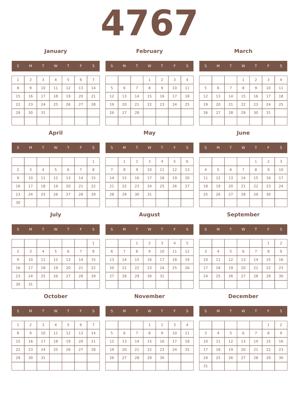 Printable 4767 Year Calendars coffe