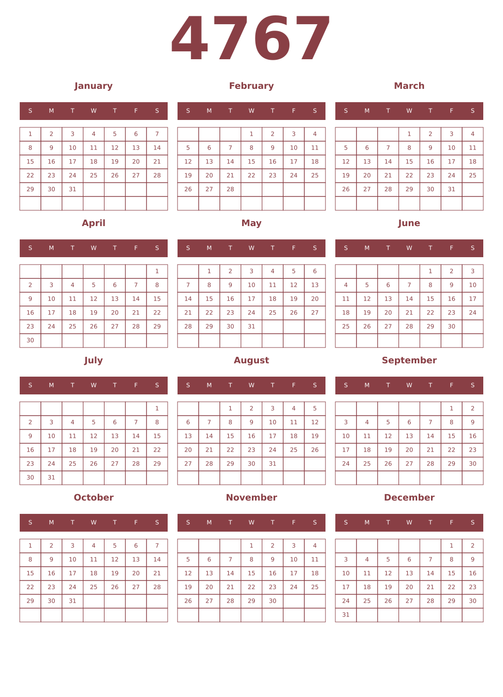 Printable 4767 Year Calendars cordovan